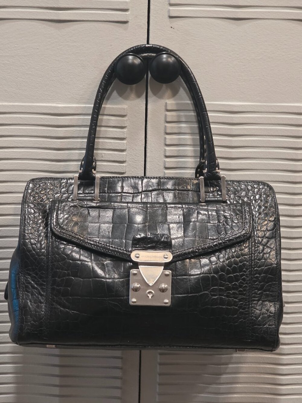 Antonio‎ Melani Black Croco Embossed Structured Satchel Bag Work Professional